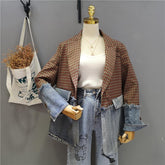 Retro Plaid And Denim Stitched Loose Jacket