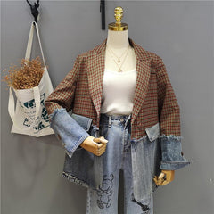 Retro Plaid And Denim Stitched Loose Jacket
