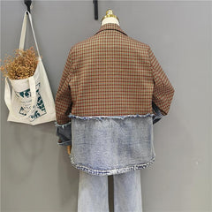 Retro Plaid And Denim Stitched Loose Jacket