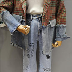Retro Plaid And Denim Stitched Loose Jacket