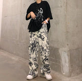 Retro Print Art Hoe White Straight Wide Pants