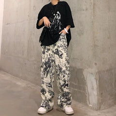 Retro Print Art Hoe White Straight Wide Pants