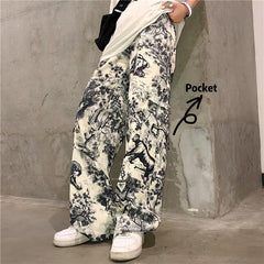 Retro Print Art Hoe White Straight Wide Pants