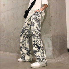 Retro Print Art Hoe White Straight Wide Pants