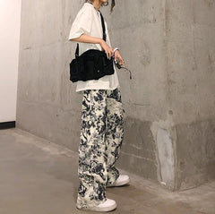 Retro Print Art Hoe White Straight Wide Pants