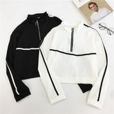 Retro Sporty Lines Black White Cropped Sweatshirt