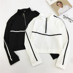 Retro Sporty Lines Black White Cropped Sweatshirt