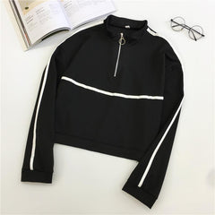 Retro Sporty Lines Black White Cropped Sweatshirt