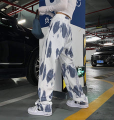 Lockere weiße Hose mit hoher Taille und Retro-Batikmuster