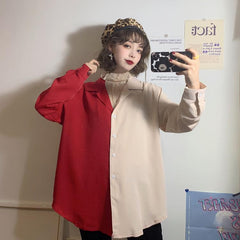 Retro Two Colors Loose Shirt + Thin Chiffon Blouse