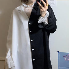 Retro Two Colors Loose Shirt + Thin Chiffon Blouse