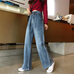 Retro Washed Blue Wide Tube Denim Pants