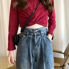 Retro Washed Blue Wide Tube Denim Pants