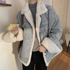 Retro Washed Blue Gray Faux Fur Loose Denim Jacket