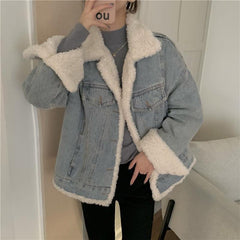 Retro Washed Blue Gray Faux Fur Loose Denim Jacket