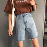 Retro Washed Blue Ripped Edge Long Denim Shorts