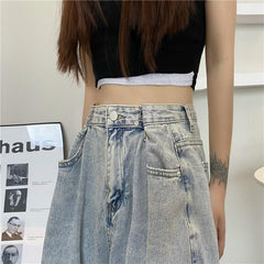 Retro Washed Light Blue High Waist Baggy Loose Jeans