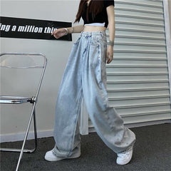 Retro Washed Light Blue High Waist Baggy Loose Jeans