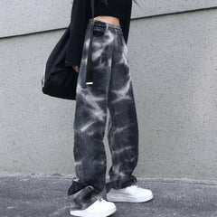 Retro Washed Tie Dye Gray Wide Loose Denim Pants