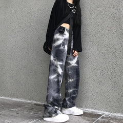 Retro Washed Tie Dye Gray Wide Loose Denim Pants