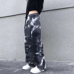 Retro Washed Tie Dye Gray Wide Loose Denim Pants