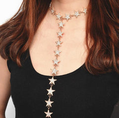 Rhinestone Stars Long Chest Line Metallic Choker Necklace