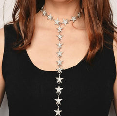 Rhinestone Stars Long Chest Line Metallic Choker Necklace