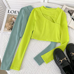 Top corto de manga larga acanalado y calado