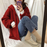 Ribbed Oversize Hooded Zipper Warm Sweatshirt