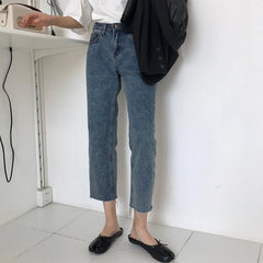 Ripped Edges Retro Blue Denim Straight Jeans