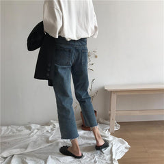 Ripped Edges Retro Blue Denim Straight Jeans