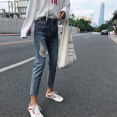 Ripped Hole Above Knee Blue Denim Jeans