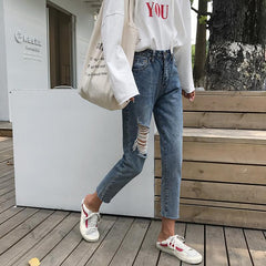 Ripped Hole Above Knee Blue Denim Jeans