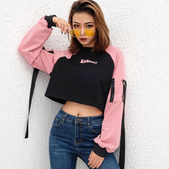 Rockmore Black Pink Zippers Cropped Sweatshirt