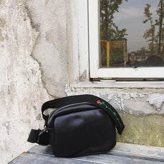 Rose Embroidery Canvas Hand Belt Black Leather Shoulder Bag