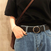 Round Buckle Black Leather Vintage Belt