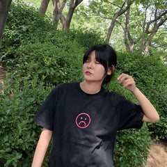 Sad Face Print Tumblr Aesthetic Black White T-Shirt