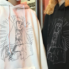 Saint Print Soft Grunge Loose Hooded Sweatshirt