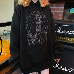 Saint Print Soft Grunge Loose Hooded Sweatshirt