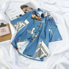 Camisa azul de manga corta con cuello vuelto y estética en oferta