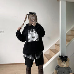 Sale Anime Girl Print Loose Hooded Black Sweatshirt