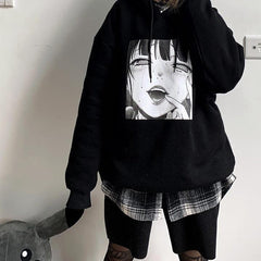 Sale Anime Girl Print Loose Hooded Black Sweatshirt