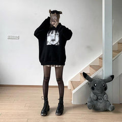 Sale Anime Girl Print Loose Hooded Black Sweatshirt