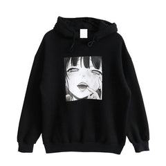 Sale Anime Girl Print Loose Hooded Black Sweatshirt