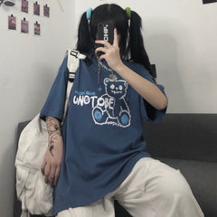 Sale Bear Not To Be Print Dark Blue Loose Shirt