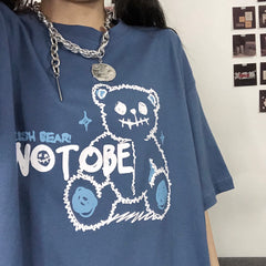 Sale Bear Not To Be Print Dark Blue Loose Shirt