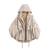 Sale Beige Hooded Windbreaker Elastic Waist Jacket