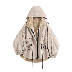 Sale Beige Hooded Windbreaker Elastic Waist Jacket