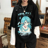 Sale Black Anime Girl Japanese Print Loose Shirt
