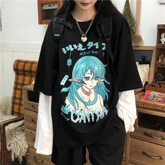 Sale Black Anime Girl Japanese Print Loose Shirt